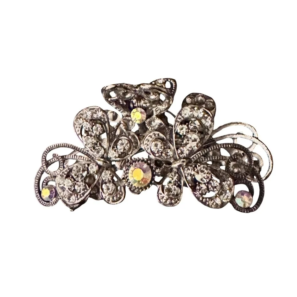 Rhinestone‎ Butterfly Hair Claw Clip Silver Tone Decorative Butterflies